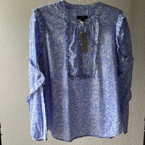 JCrew floral slate blue and white ruffled blouse
